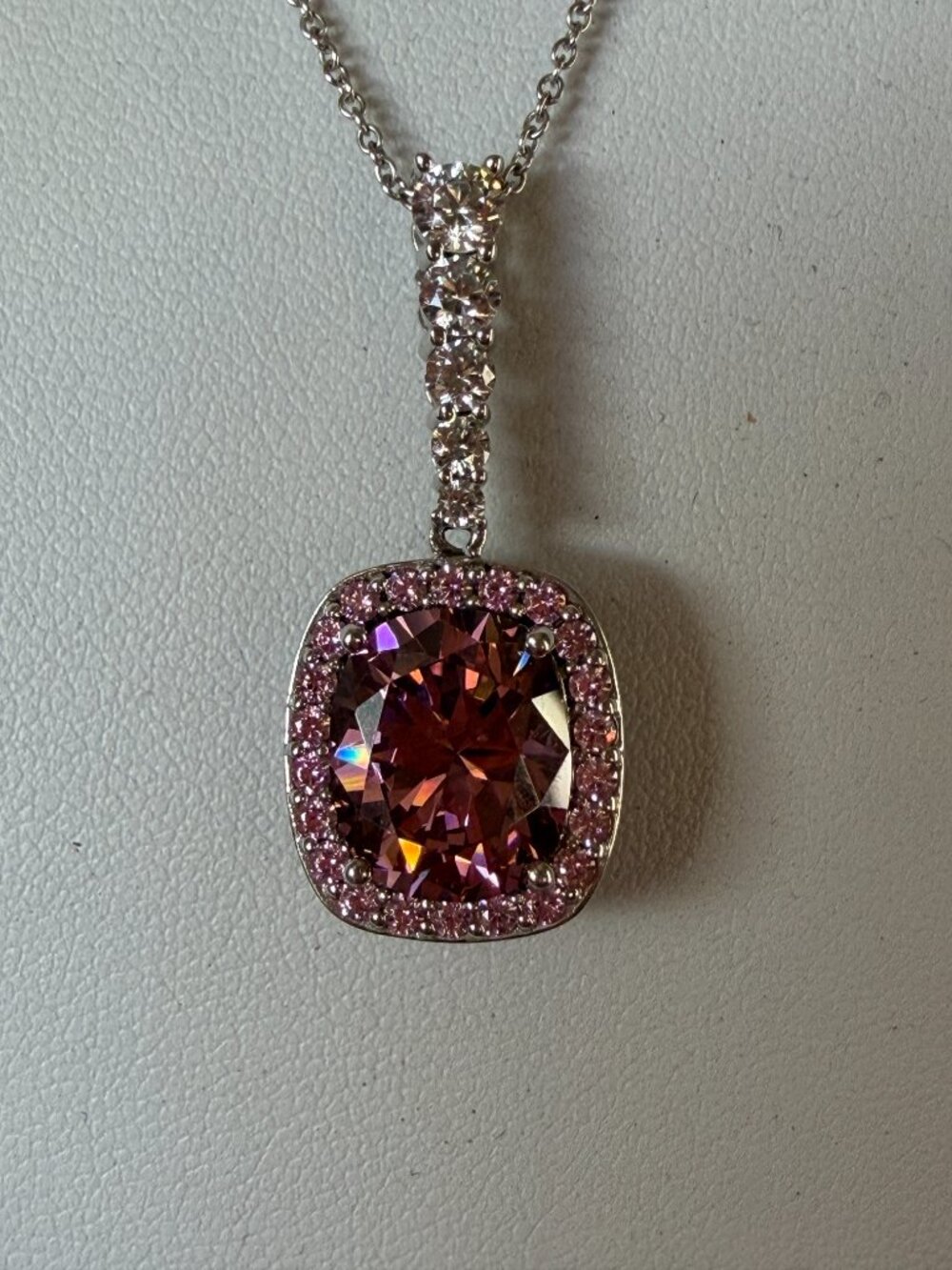 RARE Jean Dousset 925 Simulated Pink Tourmaline Cushion Cut Necklace & Pendant